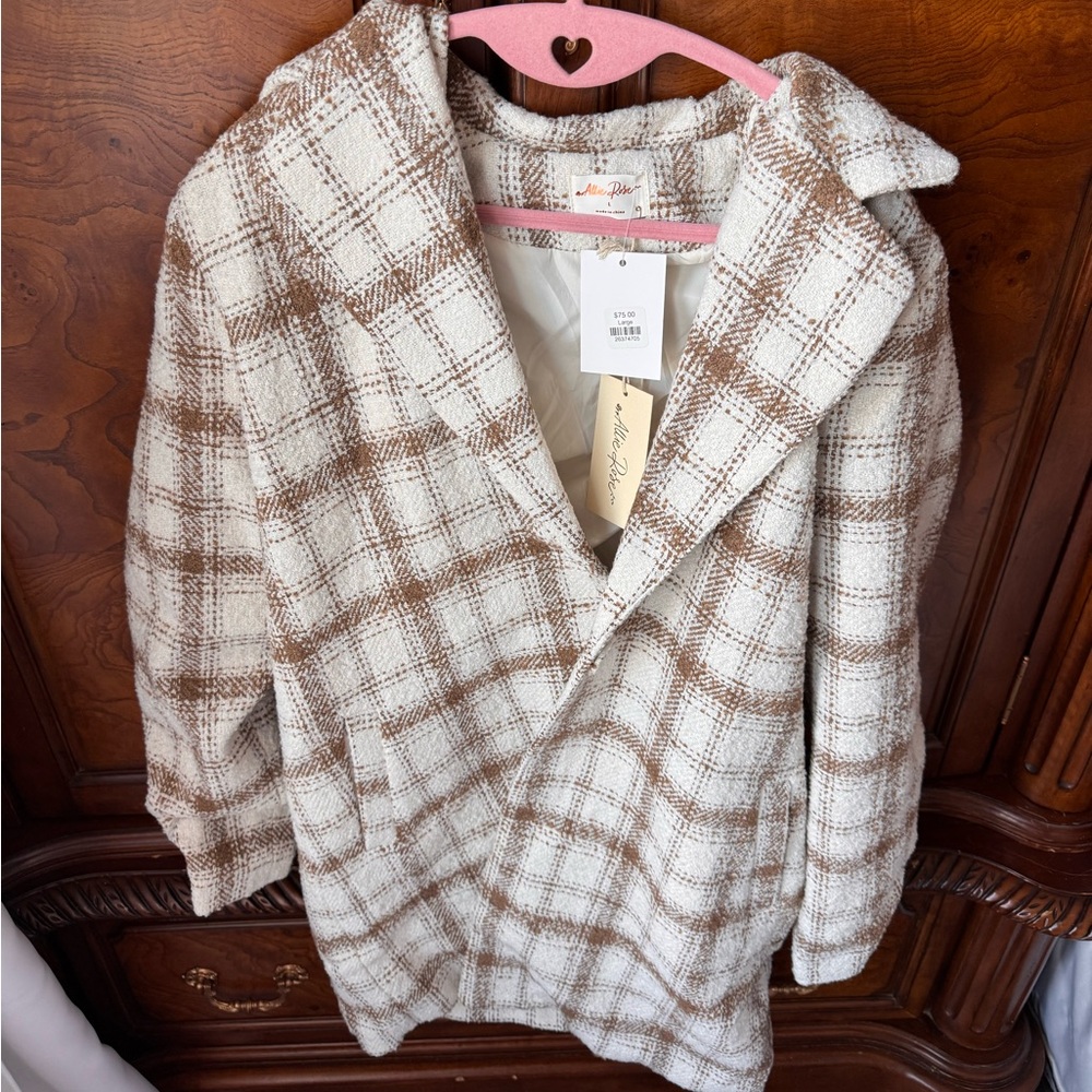 Plaid Wool-Blend Peacoat in Cream and Brown